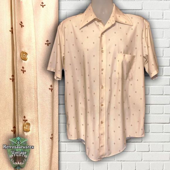 Van Heusen Other - Vintage 1970’s Can Heusen Qiana Silky Nylon Fleur De Lis Button Up Lounge Shirt,